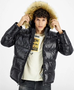 Unisex Black Hooded Puffer Jacket <b>Fur</b> <b>Trim</b> Windproof Zipper Closure Casual Winter Outerwear Coated Stand Polyester Fiber Filling - Product Image 4