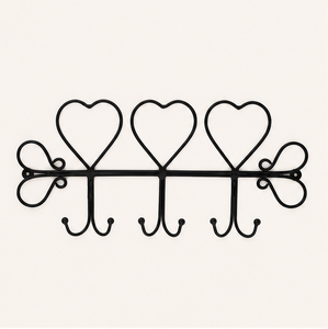 Decorative Triple Heart <b>Wall</b> Mounted <b>Hook</b> Rail Black Wrought Iron Coat Rack With 6 Heavy Duty <b>Hooks</b> For Entryway Organization - Product Image 1