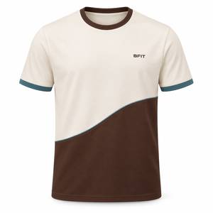 Premium <b>Mens</b> <b>Ivory</b> Mocha Jersey Fabric Crew Neck T-<b>Shirt</b> with Front Print Teal Trim Breathable & Eco-Friendly for Casual Wear - Product Image 1