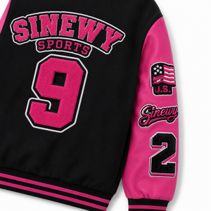 SINEWY SPORTS <b>Men's</b> Black Pink Varsity <b>Jacket</b> Embroidered Letterman Baseball Style Casual Outerwear - Product Image 5