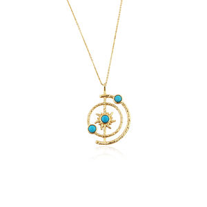 Collier pendentif orbite solaire en laiton plaqué or 18 carats avec pierres rondes turquoise bleues, inspiré de l'espace, chaîne réglable pour femme - Product Image 1