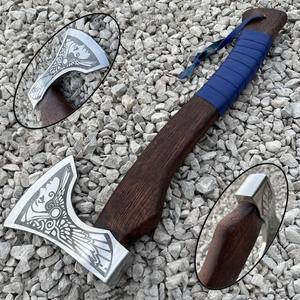 Hand Forged Steel Tomahawk <b>Axe</b> With <b>Wood</b> Handle Blue Wrap Custom Engraved Blade Design Outdoor Survival Hatchet - Product Image 6