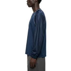 Camiseta Deportiva de Manga Larga con Cuello en V y Malla Perforada Azul Marino para Hombre, Venta al Por Mayor, Personalizable - Product Image 3