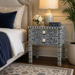 Luxury Resin Bone Inlay Nightstand 2 Drawer Floral <b>Bedside</b> <b>Table</b> Handmade Bone Inlay Furniture Cabinet End <b>Table</b> for Bedroom - Product Image 1