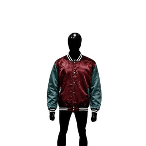 Veste universitaire en satin bordeaux et vert sarcelle foncé, veste bomber de baseball brillante de qualité supérieure avec manches contrastées rayées noir et blanc côtelées - Product Image 1