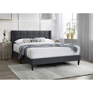 Elegante Letto Moderno Queen Size con Testiera in Lino Spazzolato Color Carbone, Design a Cassettone Imbottito - Product Image 3