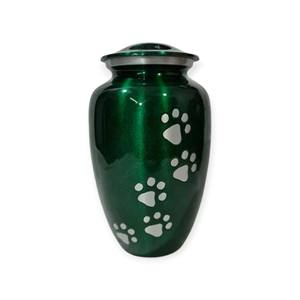 Urna Funeraria para Mascotas en Verde Esmeralda Brillante con Diseño de Huella de Pata Plateada para el Recuerdo de Perros y Gatos Queridos - Product Image 1