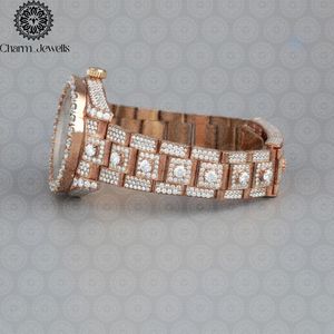 Montre de luxe pour homme Charm_Jewells en acier inoxydable, or rose, incrustée de diamants, analogique, mécanique, cadran de 40 mm, verre, fermoir papillon - Product Image 3