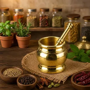 Juego de Mortero y Pilón de Latón Puro con Acabado Dorado, Molinillo de Especias Tradicional, Triturador Manual Resistente para Especias y Hierbas - Product Image 4