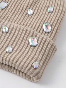 Gorro de Lana Personalizado para Mujer, Color Sólido, con Pelo de Conejo, Adornado con Pedrería, Técnica de Bordado 3D, para Viajes y Negocios - Product Image 3