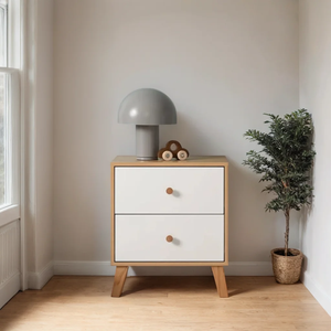 โต๊ะข้างเตียงไม้ชีแชมพร้อมที่เก็บของ – ตู้ข้างเตียงไม้สไตล์ร่วมสมัยสำหรับตกแต่งบ้าน - Product Image 1