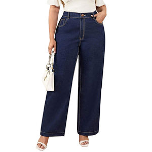 Jeans de mezclilla casuales sueltos y suaves de talla grande azul oscuro OEM 2026 para mujer, pantalones de mezclilla de pierna ancha larga de corte recto para dama - Product Image 1