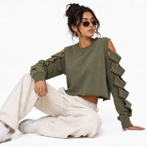 Nuevo Diseño 2026 Top Corto de Mujer con Hombros Descubiertos, de Algodón, con Gráficos de Diamantes de Imitación Personalizados, Estilo Urbano, Sudadera con Capucha - Product Image 3