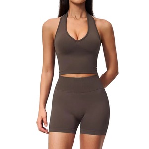 Seamless <b>Halter</b> <b>Neck</b> Yoga Set Women 2 Piece Sports <b>Bra</b> and Shorts V <b>Neck</b> Knitted Fitness Outfit Running Wear - Product Image 3