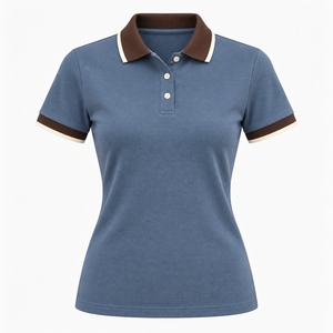 Polo de Algodón Azul para Mujer con Ribete Marrón, Manga Corta, Estilo Casual, Corte Regular, Tela Oxford Transpirable - Product Image 4