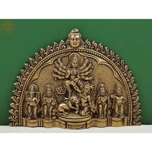 Plaque murale en laiton de 7 pouces de la déesse Durga avec Ganesha Lakshmi Saraswati et Karttikeya - Product Image 1