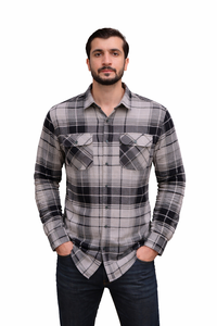Chemise en flanelle grise brossée matelassée doublée teinte en fil pour homme, chemise de moto personnalisée 100% coton, collection Printemps Dixxon, vente en gros Brass - Product Image 6