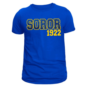 T-shirt personnalisé bleu roi pour sororité, lettres grecques scintillantes EST 1922, t-shirt à manches courtes et col rond, mode décontractée pour femmes - Product Image 1
