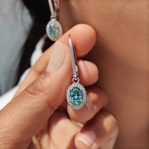 Green Oval Cut Diamond Drop Earrings with Round Cut Halo Stones Elegant Dangle Earrings Luxury Bridal Jewelry Statement <b>Gift</b> - Product Image 1