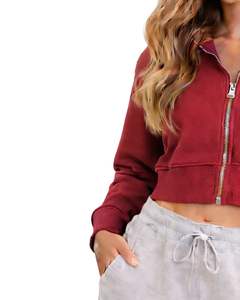 Customized Womens Cropped Zip Up <b>Hoodie</b> Long Sleeve Casual Sweatshirt Soft Fleece Streetwear Wine <b>Red</b> Color Autumn Winter Wear - Product Image 5