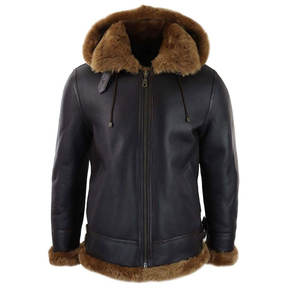 Blousons en cuir shearling pour hommes, à capuche, col montant, logo frontal, doublure chaude écologique, style décontracté pour l'extérieur en hiver - Product Image 1