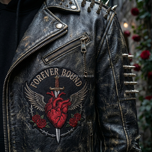 Custom Gothic Biker Leather Jacket <b>Men</b> Embroidered Heart Patch <b>Studded</b> Distressed Punk Rock Moto Streetwear Wholesale Supplier - Product Image 6