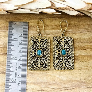Pendientes Colgantes Rectangulares Boho de Diseño Único, Pendientes Tribales de Latón para Mujer, Filigrana de Latón Antiguo, Estilo Boho, Venta al por Mayor/OEM/ODM - Product Image 3