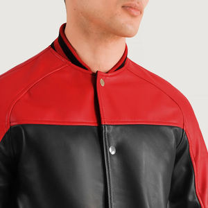 Men Genuine <b>Leather</b> <b>Winter</b> Streetwear Varsity Bomber <b>Jacket</b> Color Block Stand Collar Custom Logo Outerwear - Product Image 1