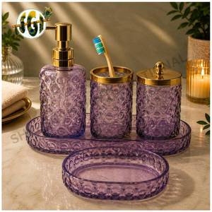 Luxury Five-Piece Ribbed Glass <b>Bathroom</b> <b>Accessories</b> <b>Set</b> Gold Finish Durable Easy Clean Soap Dispenser Toothbrush Holder Storage - Product Image 1