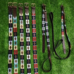 Cinturones de polo hechos a mano con cuero Crazy Horse, con patrones bordados y hebilla de latón antiguo, ideales para uso casual. - Product Image 6