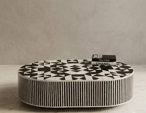 Black and <b>White</b> Oval <b>Coffee</b> <b>Table</b> Striped Inlay Wooden Modern Luxury Villa Living Room Furniture - Product Image 1