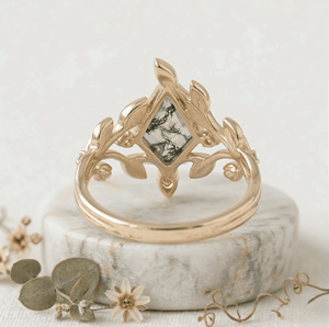 Anillo de compromiso de ágata musgosa con forma de hoja, tallado naturalmente, inspirado en enredaderas, joyería de cristal verde, pieza nupcial, suministro al por mayor OEM - Product Image 2