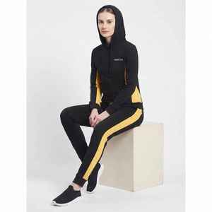 Women's Black <b>Yellow</b> Color Block Hooded Tracksuit Set Sporty Full Length Knitted Pullover Sweatshirt - Product Image 4