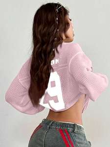 Top de punto de malla para mujer, cuello en V oversize, manga larga, estampado de números, estilo urbano, moda, venta al por mayor OEM - Product Image 4