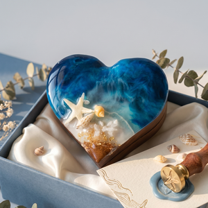 Caja de Joyería de Bambú con Resina Epoxi Pulida en Forma de Corazón, Caja para Anillo de Compromiso con Ola Oceánica 3D, Estilo Marino, para Regalo - Product Image 1