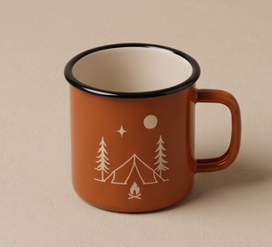 Wilderness <b>Camping</b> Theme Metal Camp <b>Cup</b> Custom Logo Printing Heavy Duty Iron Enamel Mug Featuring Tent Campfire and Forest Trees - Product Image 3