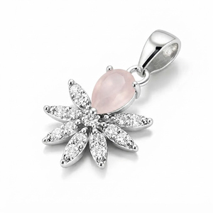 Rhaya Jewels - Colgante clásico de plata de ley minimalista hecho a mano para mujer, chapado en rodio, con cuarzo rosa de corte brillante y circonita cúbica en forma de flor - Product Image 2