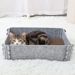 矩形猫波纹刮擦垫休闲盒毡宠物床，带可拆卸纸板