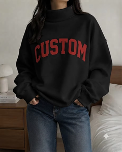 Sweat-shirt oversize en molleton pour femme, col montant, style streetwear, sans doublure, broderie imprimée, manches longues, tricoté, 100% coton, hiver automne - Product Image 1