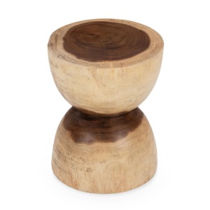 La table d'appoint ronde en bois de Suar naturel présente une silhouette de sablier distinctive, sculptée dans le bois de Suar avec une finition naturelle. - Product Image 3
