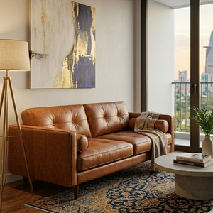 Modern Mid Century Leather <b>Sofa</b> Loveseat with Tufted Backrest Solid Wood Frame for Home and Hospitality Furniture Use - Product Image 1