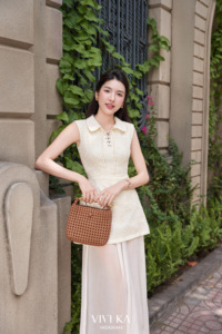 女式奶油色蕾丝无袖长裙彼得潘领修身喇叭形女式节日派对服装 SHIRLEY - Product Image 2
