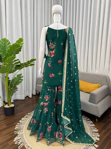 ชุดชาราร่าลายดอกไม้สีเขียวสำหรับผู้หญิง ชุดคุर्ติสายเดี่ยวประดับลูกไม้พิมพ์ลายดิจิทัล กางเกงปาลาซโซ ผ้าคลุมไหล่ สำหรับงานแต่งงานและงานปาร์ตี้ - Product Image 2