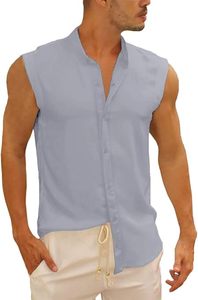 Chemise sans manches boutonnée personnalisée pour homme en lin et coton, débardeur basique d'été pour la plage, T-shirt Cor Men - Product Image 2