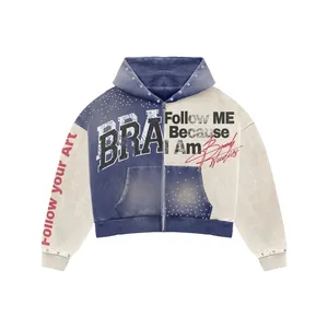 Sudadera con capucha corta con cremallera y tachuelas en gris y blanco Follow Me Because I Am |   Chaqueta Oversize con Estampado Gráfico Estilo Urbano |   Ropa Personalizada OEM - Product Image 3