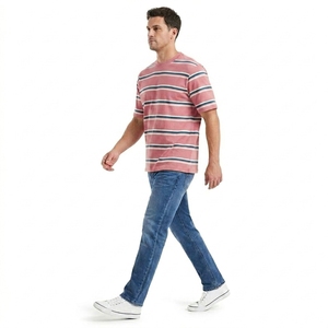 T-shirt décontracté élégant à rayures multiples, manches courtes, col rond, coupe classique confortable, pour tous les jours, été, unisexe, 100% biologique - Product Image 4