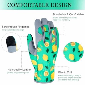 Gants de jardinage respirants pour femmes, imprimé citron, paume en cuir synthétique, gants de travail durables, compatibles écran tactile, vente en gros - Product Image 4