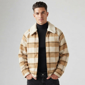 Men's Plaid Fleece <b>Jacket</b> With Sherpa Lining Zipper Closure Winter Thick Wool <b>Flannel</b> Polyester Coat Turn-down Collar <b>Jackets</b> - Product Image 2