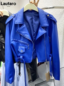 Blouson en cuir épais uni pour femme, style motard, col montant, manches longues, poches zippées, logo tissé sur le devant, doublure amovible, hiver - Product Image 4