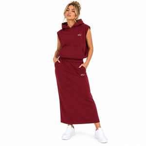Hot Selling Burgundy Women's Sleeveless Hooded Vest Maxi Skirt <b>Tracksuit</b> Custom Logo High GSM Fleece Cotton Blank <b>Y2K</b> Loungewear - Product Image 1